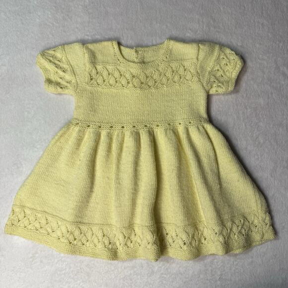 Vtg 70s Hand Knit Crochet Baby Dress Yellow Short Sleeve Button Back 6 Months - Picture 1 of 3